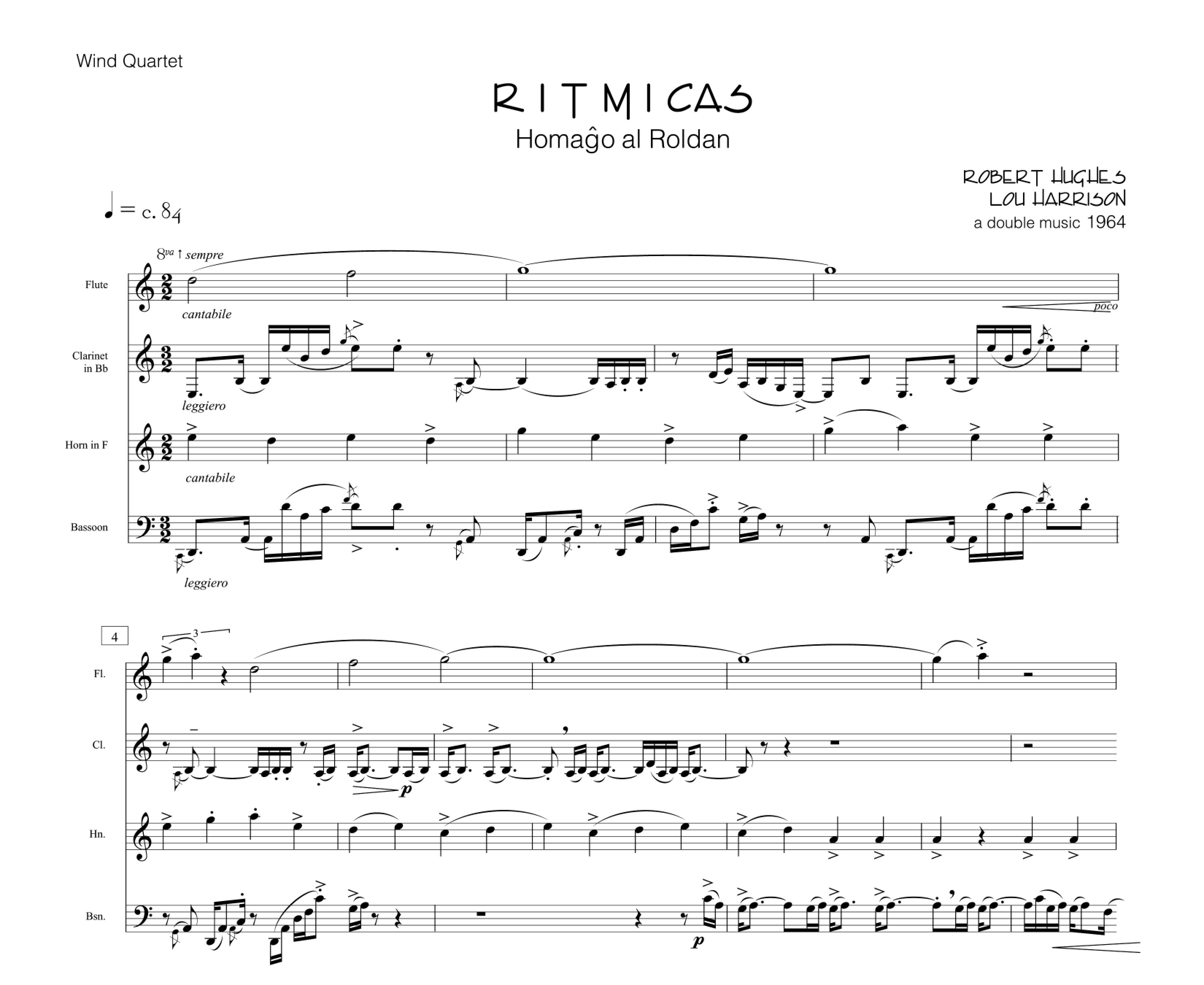 sample page, music score 'Ritmicas, Homago al Roldan' a double music for wind quartet, by Lou Harrison and Robert Hughes